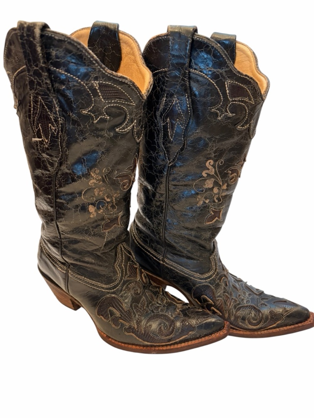 Corral Women's Black Embroidered lizard inlay Heeled Cowboy Boots 7M